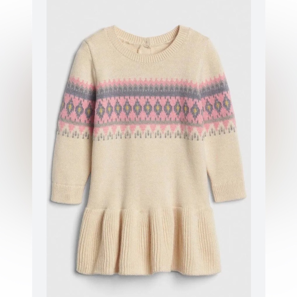 Baby GAP Fair Isle Knitted Sweater Dress Cream & Pink Patterned Size 12-18 Month